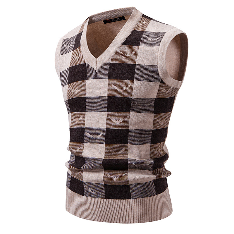 Gilet sans manches en maille pour homme, idéal pour l'automne et l'hiver. Coupe ajustée, col en V, sans manches, motif jacquard. Disponible en coloris uni et à carreaux._voghion.com