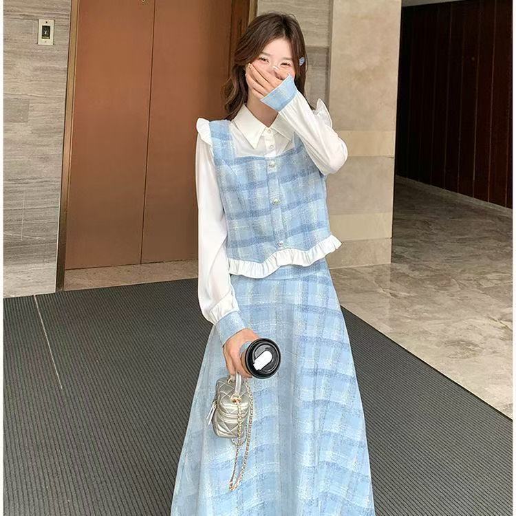 蓝色格子小香风套装裙女春秋2025新款高级感超火网红爆款两件套
