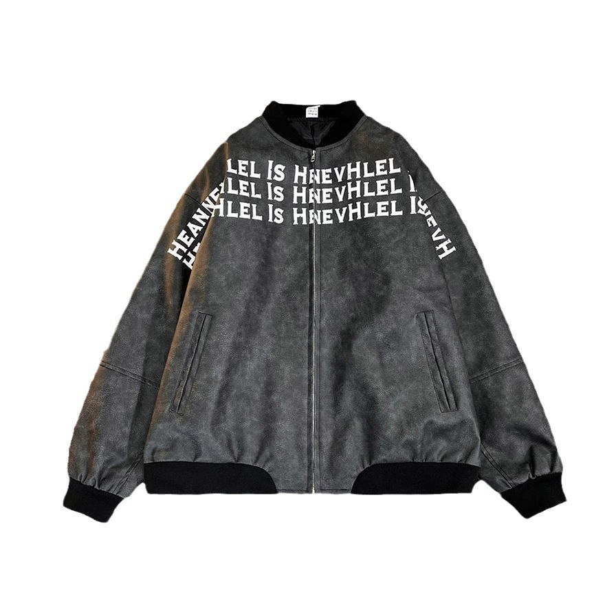 Cuero PU estilo americano de moda de calle alta chaqueta de cuello de béisbol hombre chaqueta con cremallera suelta chaqueta casual