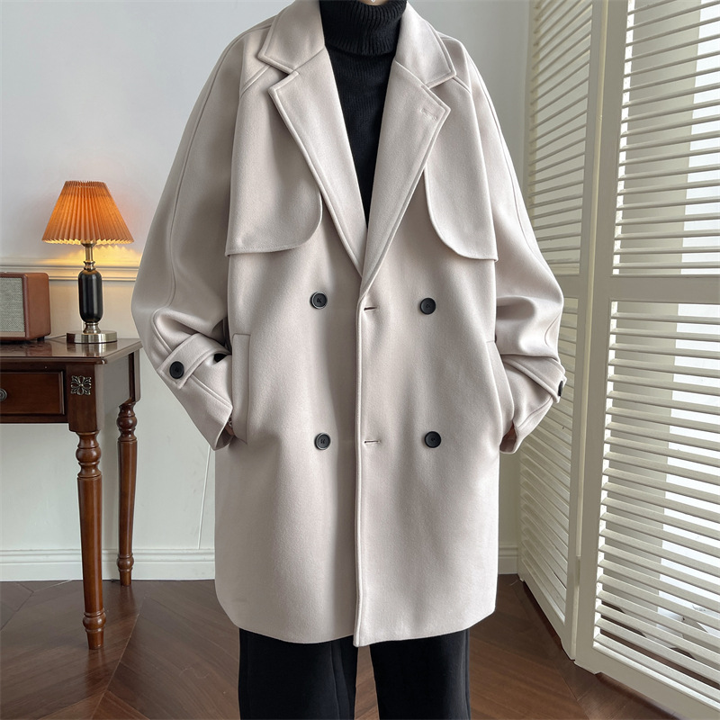 Abrigo de lana de los hombres de moda ins Otoño e Invierno suelta estilo británico Yupi trench coat de lana de moda engrosada abrigo de longitud media