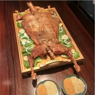 大号内蒙烤全羊竹木托盘长方形烤羊腿带把手盘子餐厅上菜盘批发