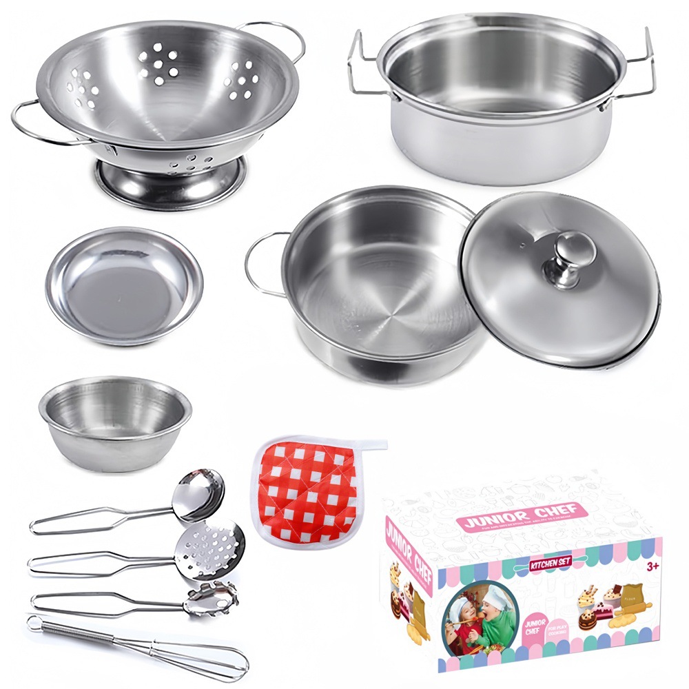 Cross-Border Manufacturer Direct Sales Children's Simulation Stainless Steel Tableware Toys Play House Kitchen Early Education Educational Toy Set