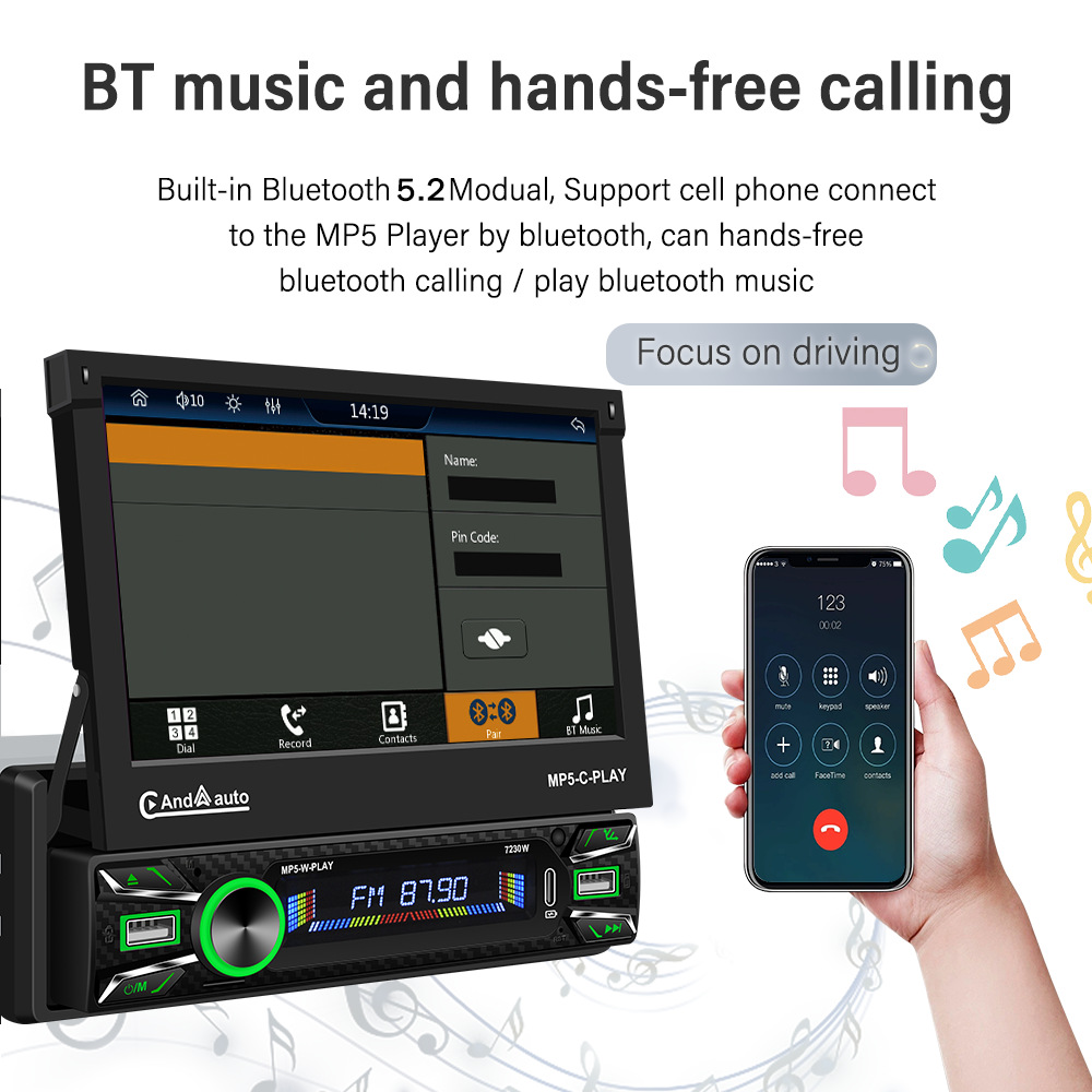 7inch Hd Electric Retractable Touch Screen Universal Device Type-C Fast Charging Apple Carplay Connection 7230W