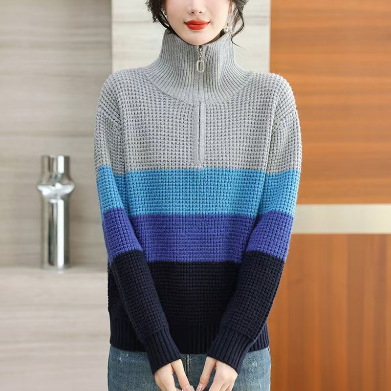 秋と冬の新しいスタイルの女性用ハーフジップラペルセーター、レイジースタイルの厚みのあるコントラストカラーセーター、ルーズストライプボトムシャツ|undefined