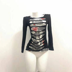 春秋アメリカンヴィンテージ古着ダーク系亜文化パンクレトロ偽二枚tシャツギャル修身長袖
