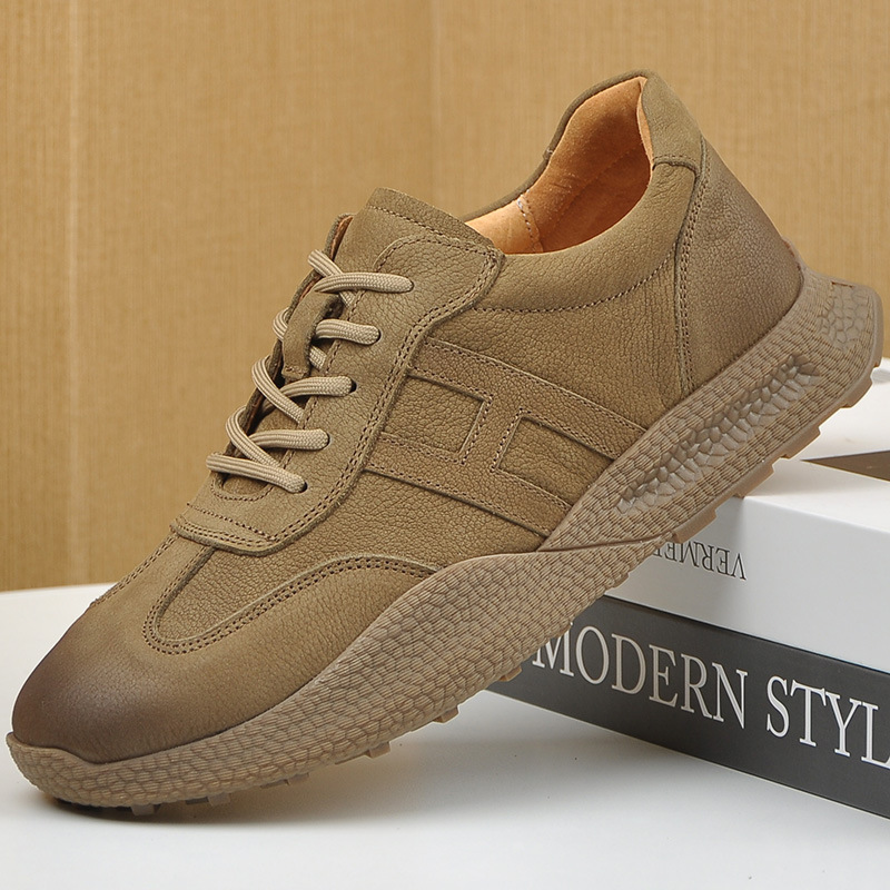 男士时尚休闲皮鞋复古配色潮流德训鞋户外徒步头层牛皮慢跑鞋2025