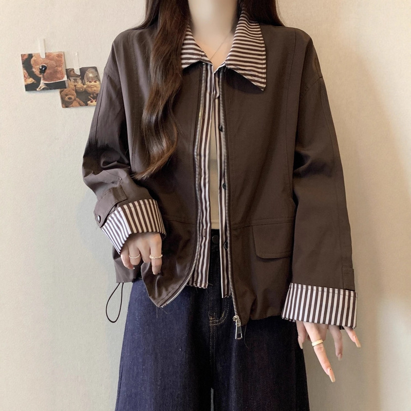 Designed Short Jacket Cardigan Jacket for Women 2025 Autumn New Large Size Fat mm Fake Two-Piece Stripesd Patchwork Top