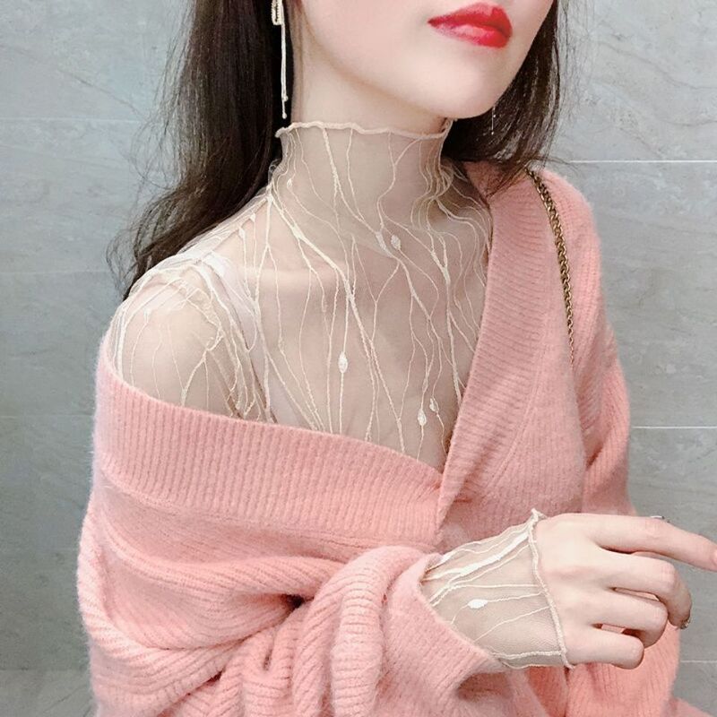 Sheer Mesh Turtleneck Lace Top for Women, Thin and Transparent, Suitable for Winter and Spring, Sexy and Tight-Fitting