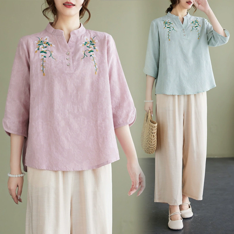 Фактический снимок новой летней хлопчатобумажной и льняной вышитой художественной свободной футболки со средним рукавом и короткими рукавами 2025 года + широкие брюки, комплект из двух предметов для женщин