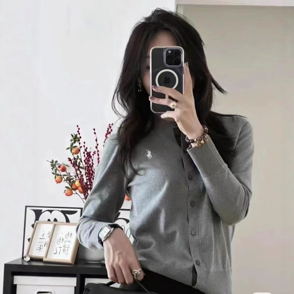 Cross-Border Rl Pure Color Round Neck Basic Pony Embroidered Logo Knitted Cardigan Long Sleeves Can Be Worn Outside Thin Sweaters