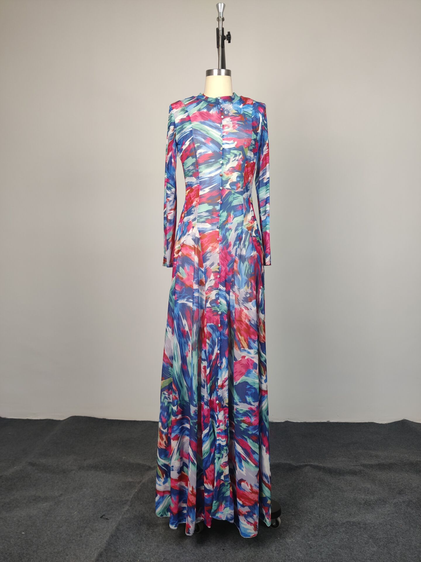 Women's Elegant Floral Maxi Dress – Long Sleeve Round Neck Bodycon Midi Dress With Fitted Waist Rsatile For Work & Events_ecoleips.com