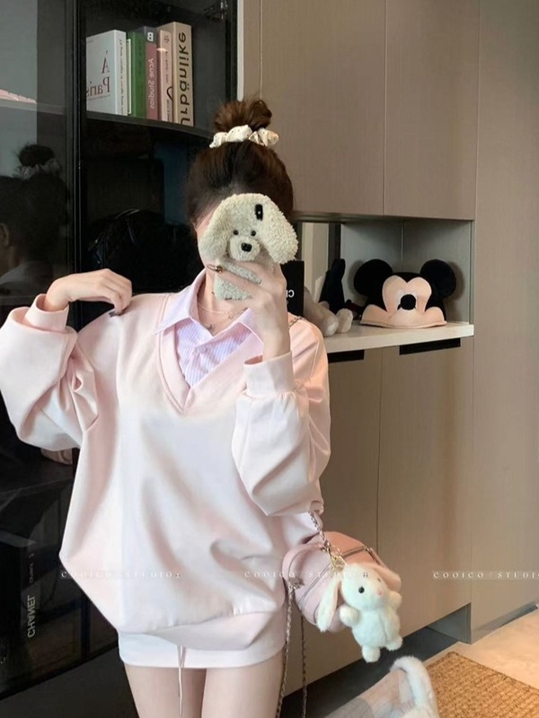 甜美学院风条纹拼接翻领假两件卫衣半身裙女2025秋季新款时尚套装|undefined