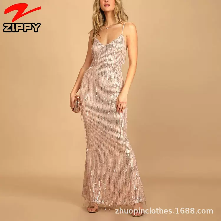 欧美定制性感露背流苏亮片设计吊带裙女优雅派对宴会鱼尾款晚礼服