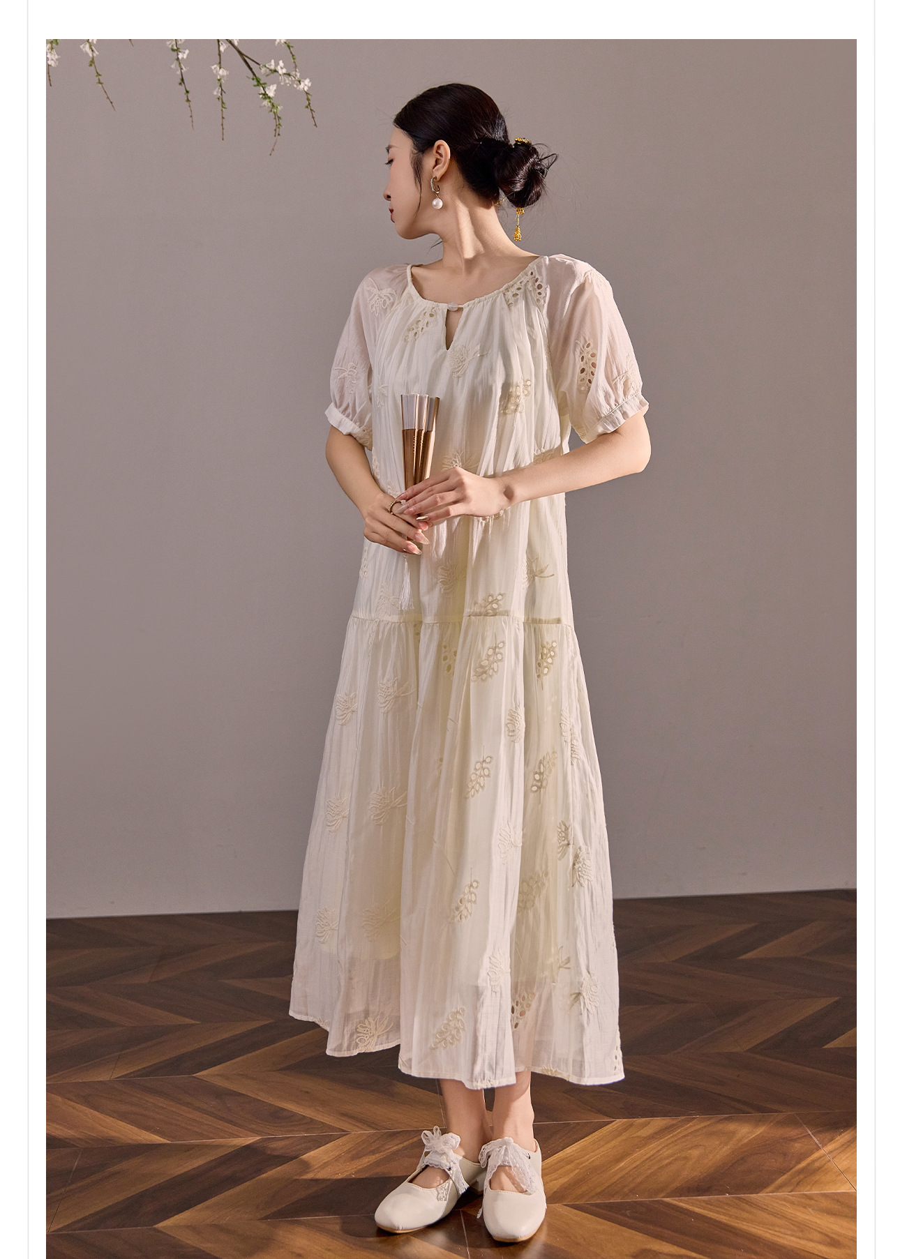 Váy maxi dáng rộng phong cách Trung Hoa mới cao cấp mùa hè chất Tencel cho người dáng nhỏ — Màu trắng nhạt chi tiết 15