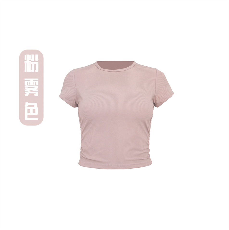 ヨガウェア リブプリーツ ウエストシェイプ 半袖 レディース カジュアル 通気性 速乾性 Tシャツ アウトドア スポーツ ランニング フィットネスウェア