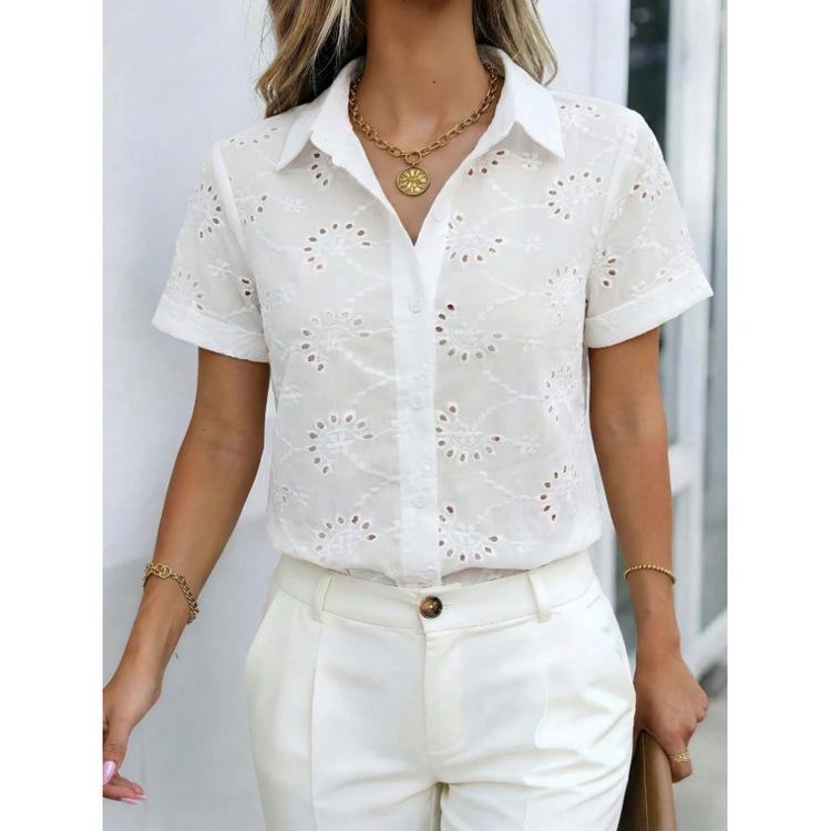 2026 Summer New Women's Cardigan Top European and American Cross-Border Foreign Trade Women's Clothing Lapel Cotton Embroidered Shirt