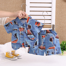 男童仿牛仔衬衫短袖套装夏装新款沙滩风儿童帅气薄款衬衣两件套