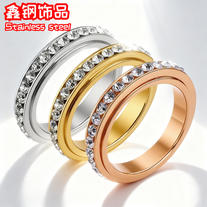 Source Manufacturer Spot Supply Cross-Border Hot Selling 4mm Circular Diamond Rotating Ring for Women Stainless Steel Full Diamond Hand Jewelry
