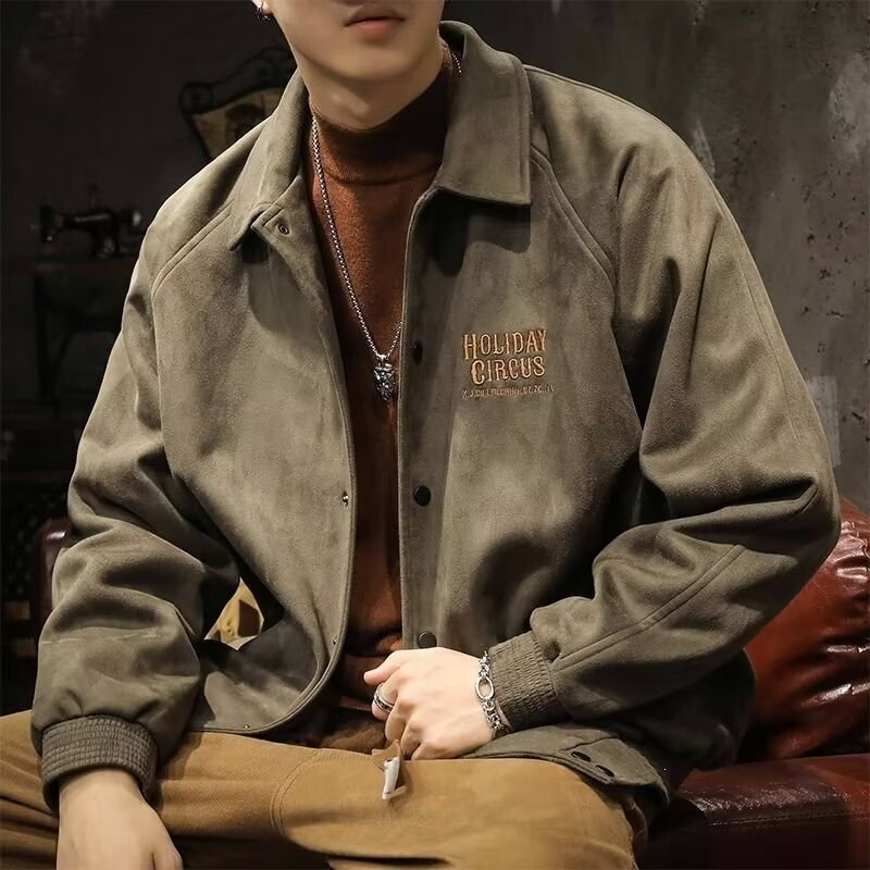 New Spring and Autumn Suede Jacket for Men, Loose Fit, Trendy Brand, Turn-down Collar Baseball Jacket, American Retro Casual Coat, Men's Clothing