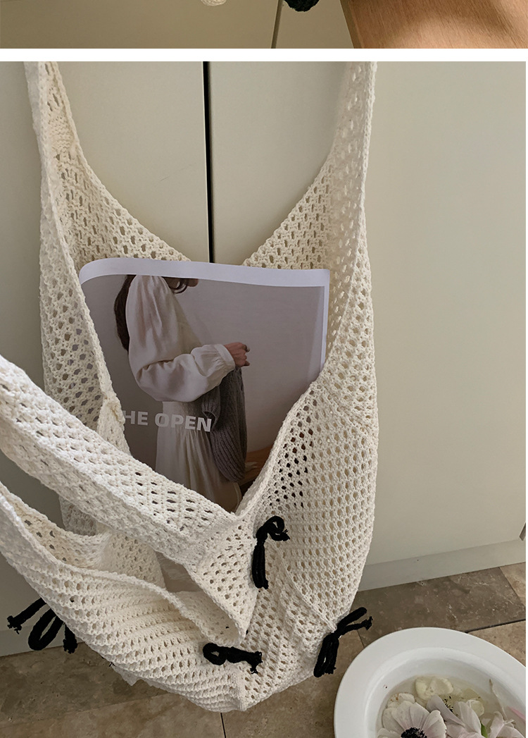 255g Weight Weave Fashion Element Open Closure Type Double Shoulder Straps Strap Type Tote Bag Bags Type Casual, Holiday Occasion Knit Material Bow Knot Pattern Spring&Summer Season Women's Gender Vacation, Beach Style Oval Shape Women's Knit Bow Knot Vacation Beach Weave Oval Open Tote Bag 10