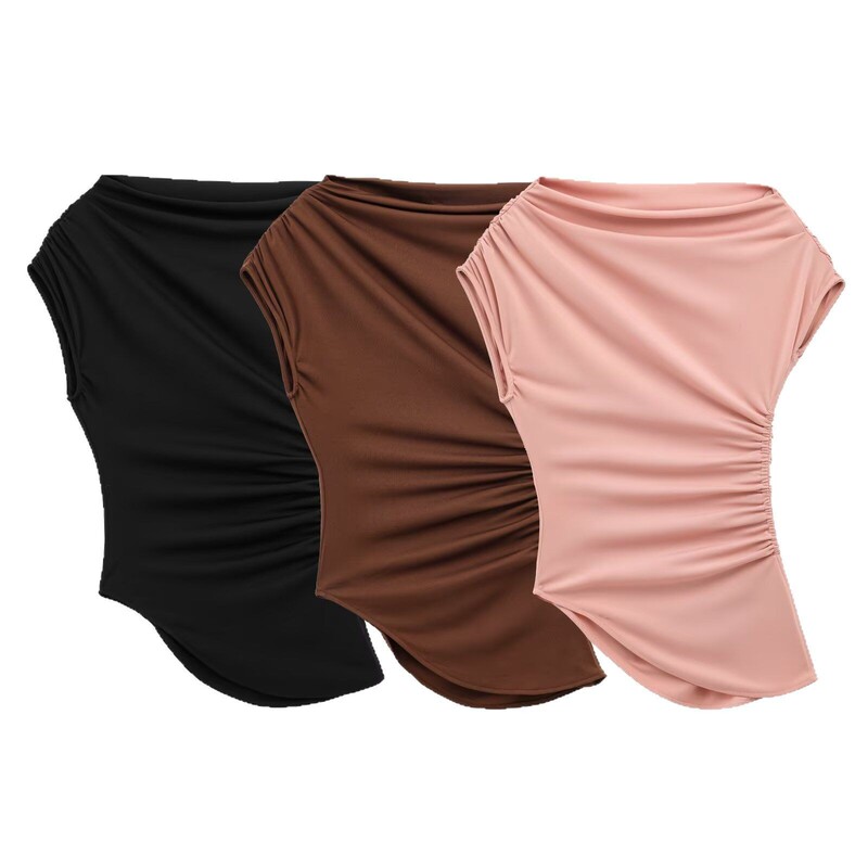 European and American Style Women's Clothing 2025 New European and American Fashion Pleated Asymmetric Boat Neck Basic Top 5644768