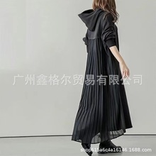 现货2025秋热卖新款时尚气质宽松拼接雪纺百褶长款卫衣连衣裙