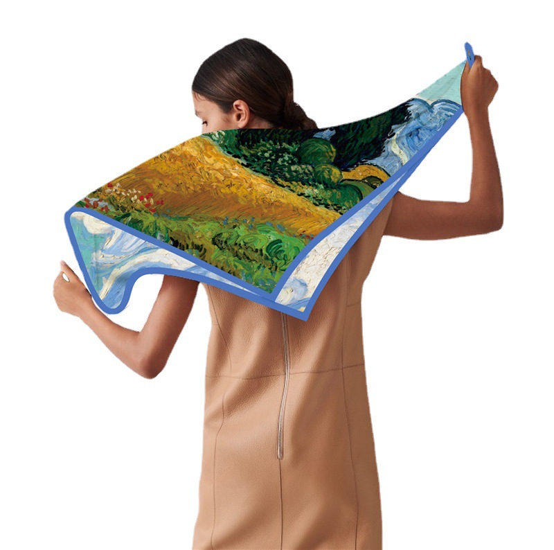 Styl malowania olejem, kwadratowy jedwabny splot dla kobiet Van Gogh, pole pszenicy, słonecznik, ręcznie robiony, zwinięty brzeg sc, dekoracyjny_voghion.com