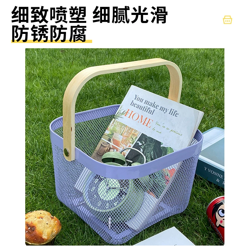 Покрытие Nordic Light Luxury Iron Art Strike Basketball Wood Handle Rolled Fruit Vegetables Basketable House Hollow Storage Basket