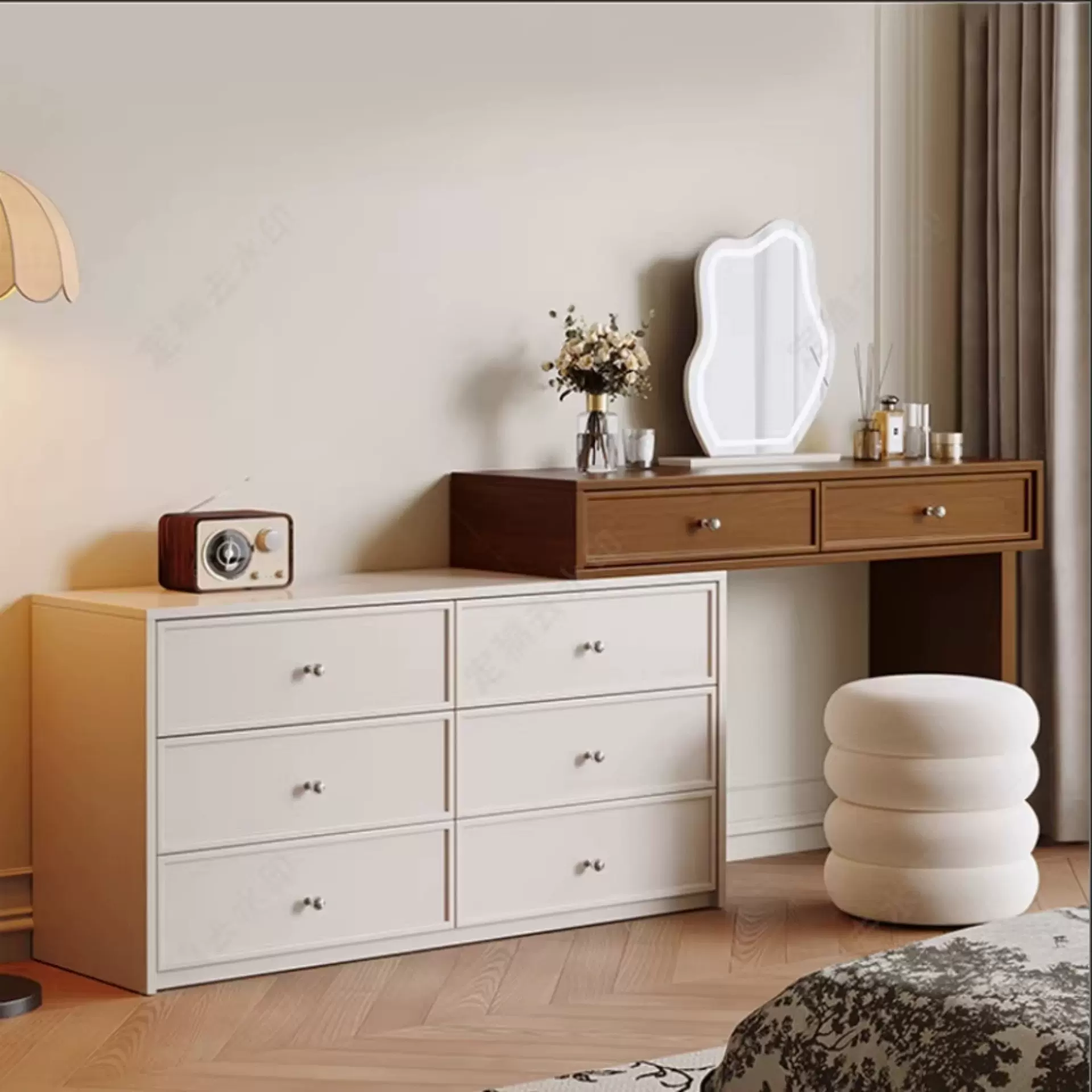 2026新款卧室实木胡桃色梳妆台斗柜一体化妆桌简约现代北欧奶油风