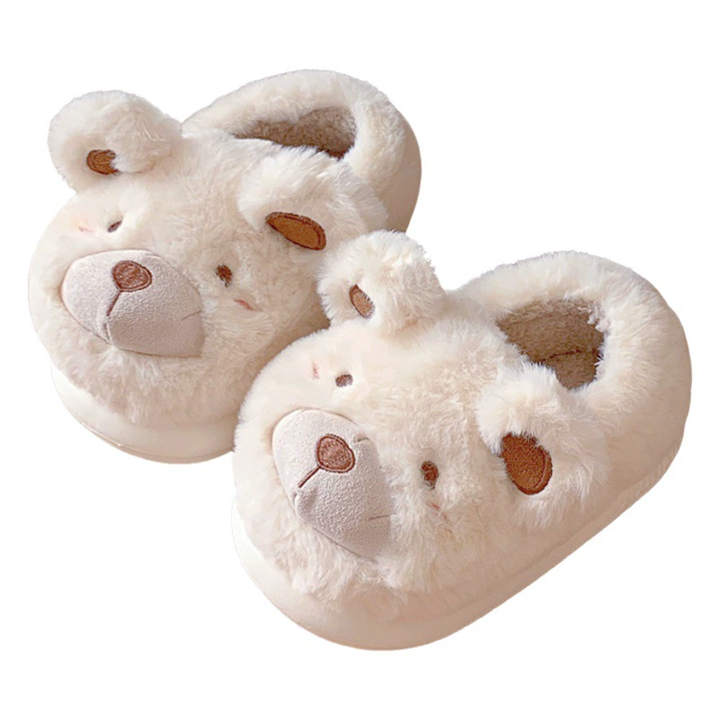 Милые Плюшевые Детские хлопковые тапочки с мультяшным медведем, детские бархатные теплые хлопковые туфли на всех каблуках на подкладке для зимней комнаты для девочек
