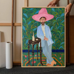 美國小眾粉紅帽子西部人物高級感文藝裝飾畫復古創意油畫客廳掛畫