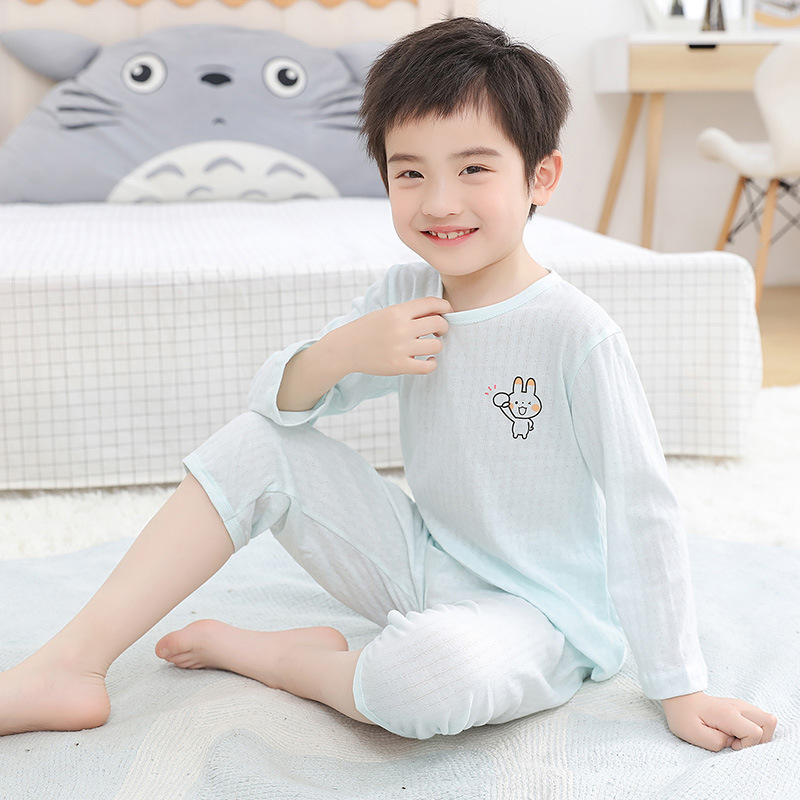 어린이 세트 얇은 봄과 여름 자카드 면 7 점 슬리브 홈 세트 소년 소녀를위한 2 피스 베이비 9 포인트 에어컨 세트