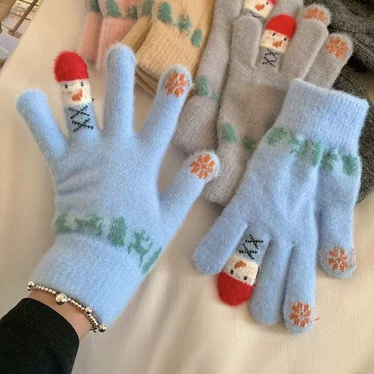冬季全包五指手套可爱雪人针织可触屏加厚保暖骑行防寒棉手套|undefined