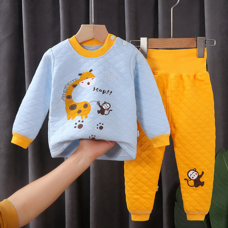 High-End Pure Cotton Children's Thermal Underwear Set, Three-Layer Quilted Baby High-Waist Tummy Protection, Fleece-Lined and Thickened Autumn Clothes and Pants