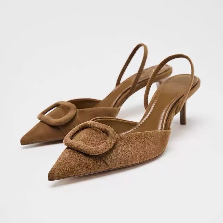 2026 Spring New Style Women's Shoes with Square Buckle, Closed-Toe Slingback Shallow Sandals, Brown Pointed-Toe High Heels, Mules for Women 2026 Spring New Style Women's Shoes with Square Buckle, Closed-Toe Slingback Shallow Sandals, Brown Pointed-Toe High Heels, Mules for Women