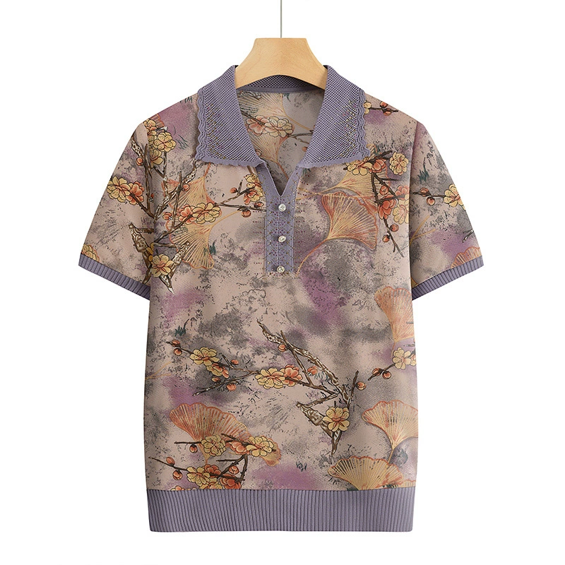 Лацканная мама лето с короткими рукавами принт для женщин среднего и пожилого возраста удобная одежда свободная повседневная удобная бабушка топ