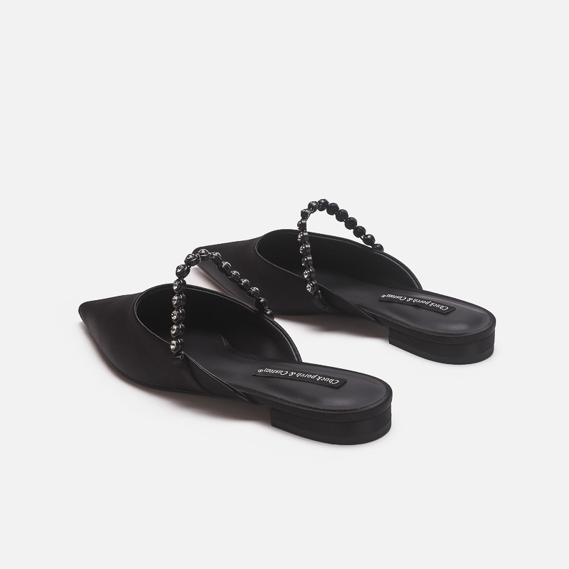 Silver Gemstone Chain Pointed Toe Mules For Women Elegant Flats_voghion.com