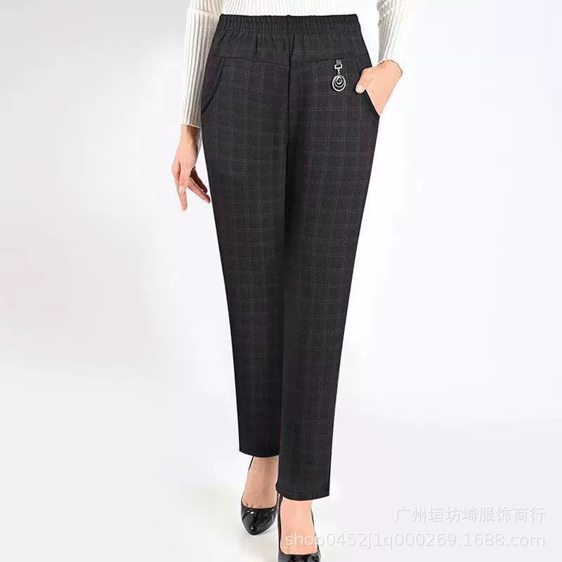 Осенние женские брюки с высокой талией для женщин среднего и старшего возраста, брюки-мом с эластичной талией, повседневные эластичные женские брюки, укороченные облегающие брюки.