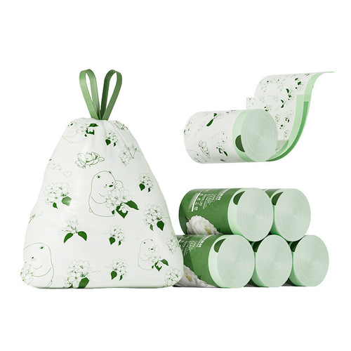 Camellia printed drawstring garbage bag Household portable drawstring kitchen thickened cleaning large extra thick plastic bag
