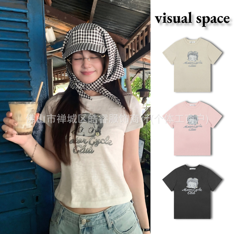 [in Stock] Korean Dongdaemun Visual Space Cartoon Betty Letter Print Round Neck Short-Sleeved T-Shirt for Women