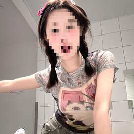 美式复古辣妹猫咪印花网纱正肩短袖恤夏季修身新款显瘦短款上衣