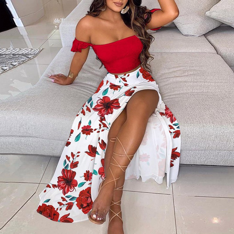 2022 European And American Summer Slim-Fit French Bohemian Print Mid-Length Vintage Strapless Dress Set For Women_ecoleips.com