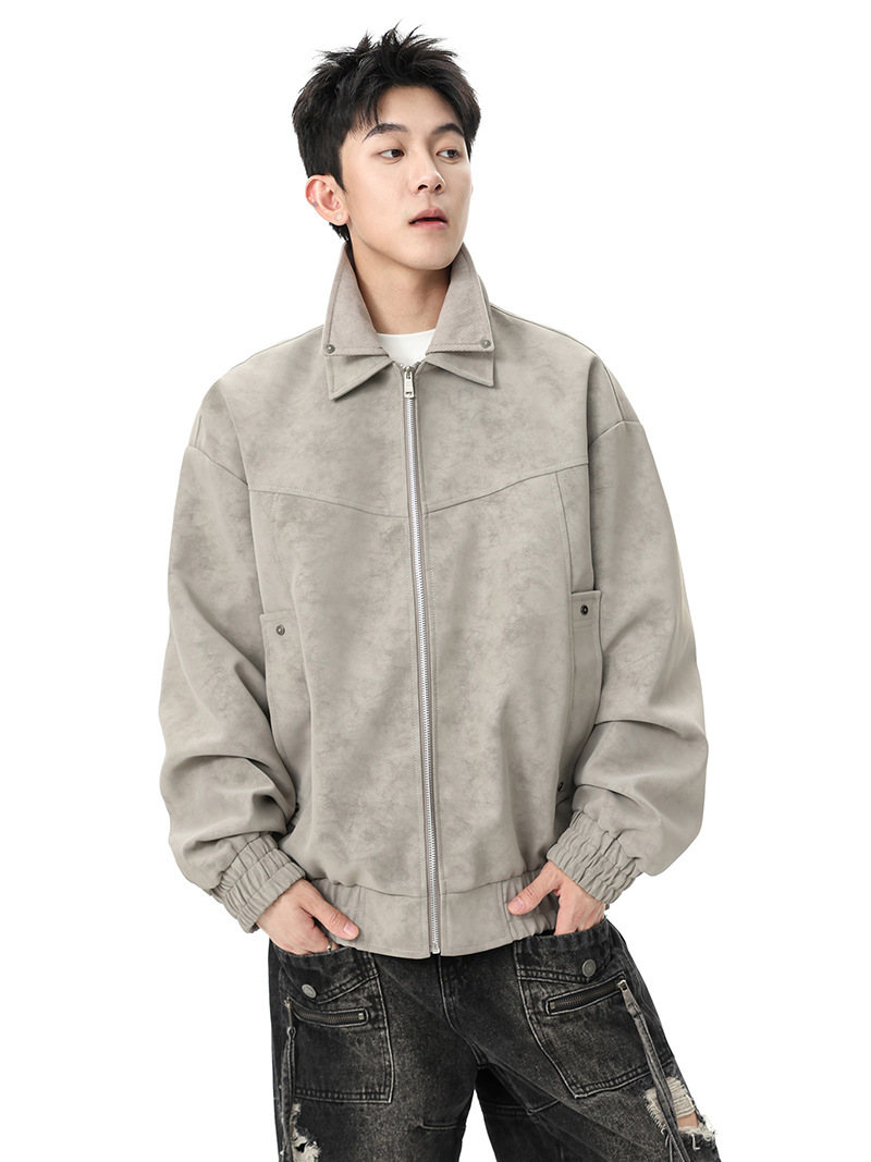 Chaqueta para hombres de otoño nuevo atado teñido pu retro chaqueta de cuero de cuello de retro chaqueta de cuero de polietileno suelto chaqueta de pareja