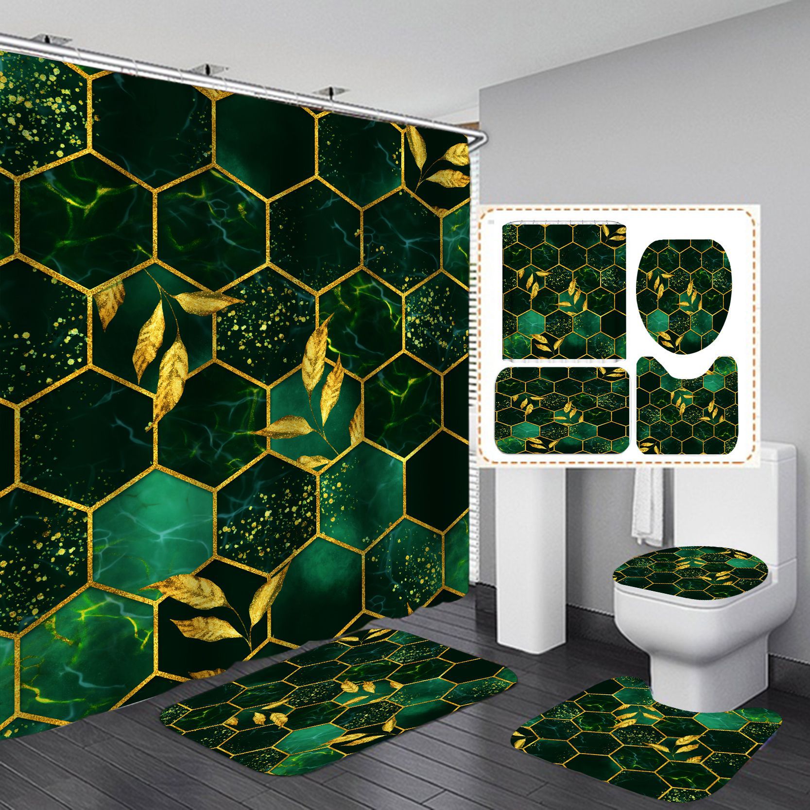 Comercio electrónico transfronterizo HD impresión digital geométrica textura de mármol baño cortina de ducha fuente de entrega cortina de ducha conjunto de cuatro piezas