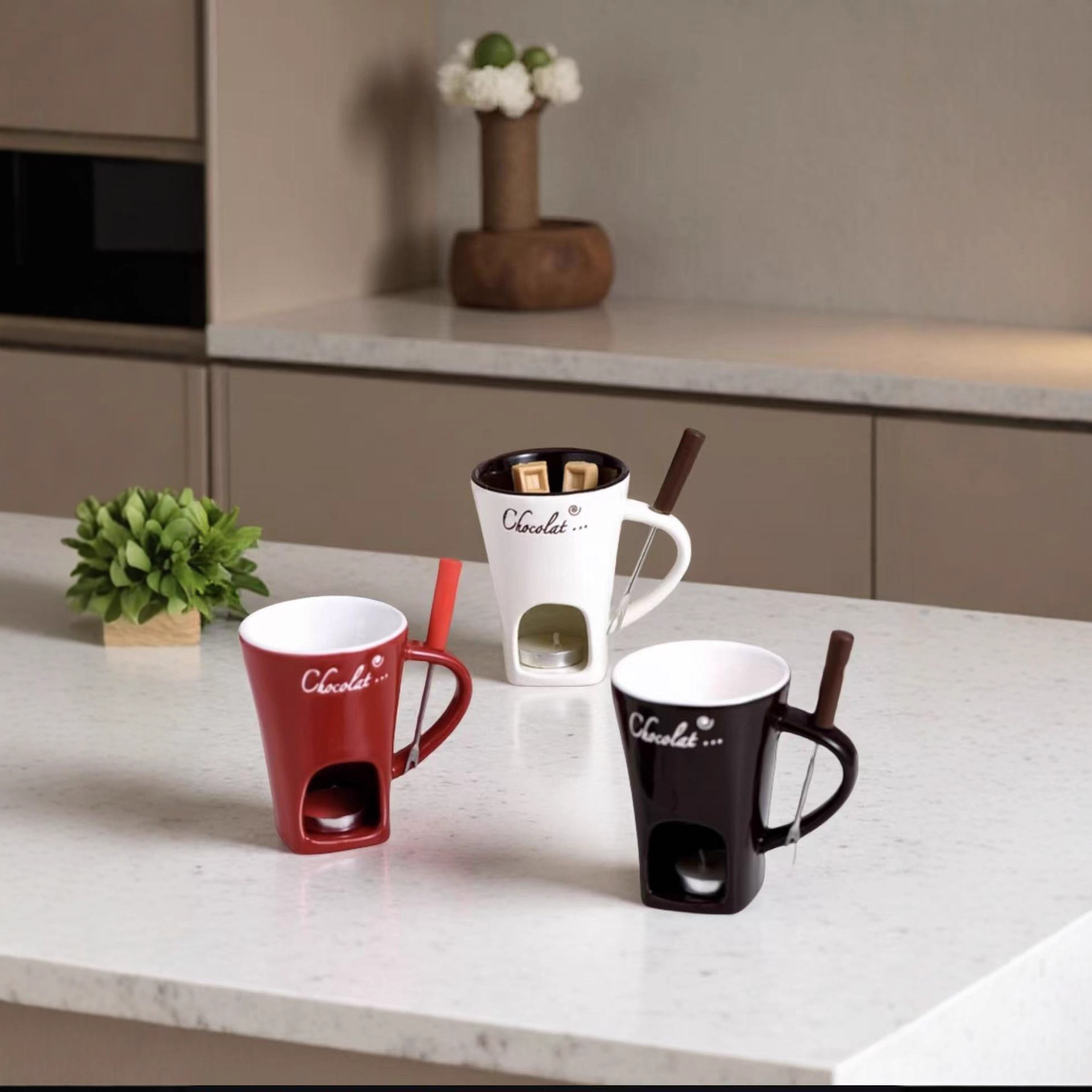 Caldera de chocolate caliente taza de cerámica taza y tenedor helado taza de queso queso regalo para los amantes