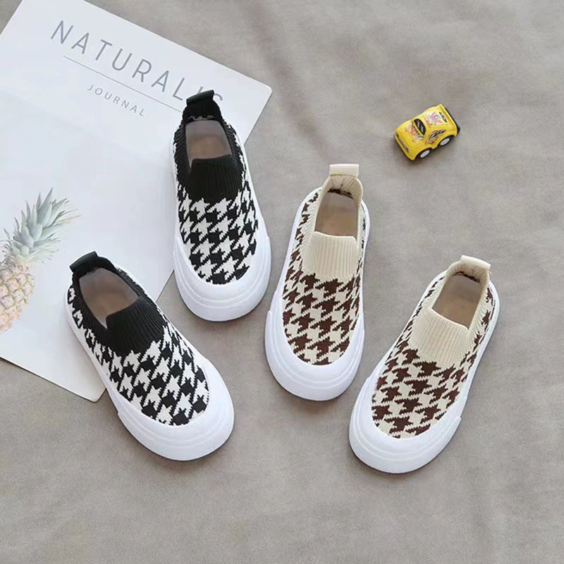 Children's Slip-On Knit Sneakers, Houndstooth Pattern, Spring–Autumn, Sizes 24–33