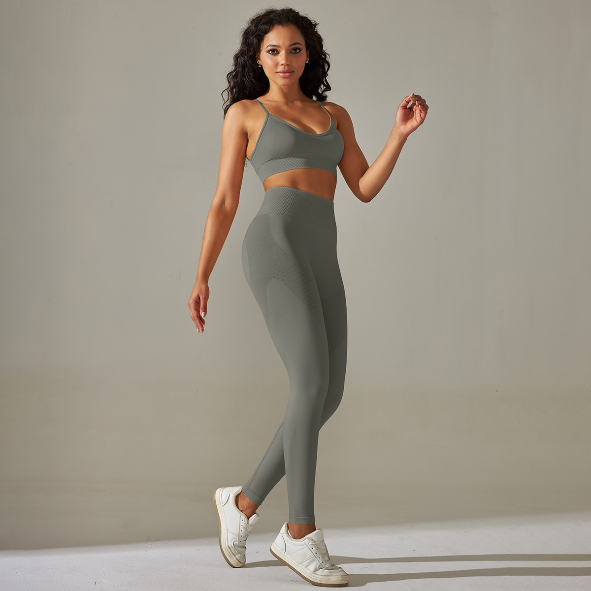 Seamless Peach Five-Piece Solid Color High-Waist Tight Jacquard Back Bra Vest Yoga Pants Set_voghion.com