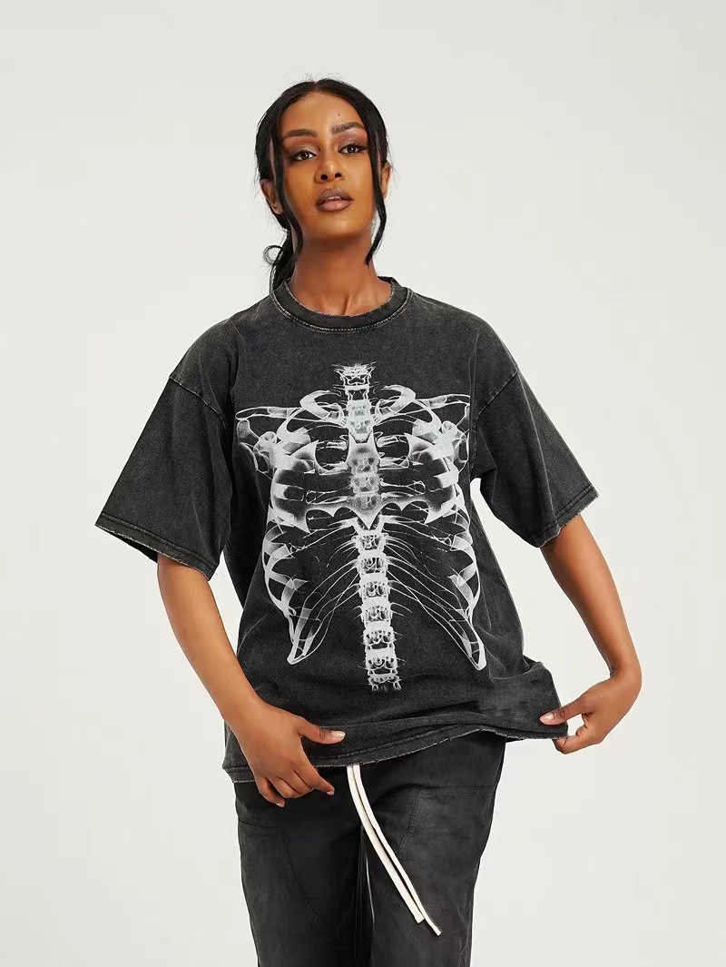 Lavar con agua para hacer viejos esqueleto impreso camiseta de manga corta hombre y mujer oversize casual manga de hombro en la parte superior esqueleto universal