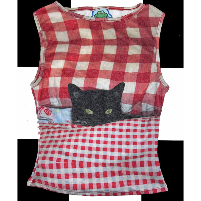 European and American Export Ancient Retro French Y2K Millennium Sexy Red Plaid Black Cat Print Slim Vest Suspender European and American Export Ancient Retro French Y2K Millennium Sexy Red Plaid Black Cat Print Slim Vest Suspender