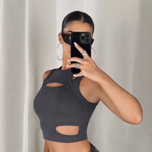 US and European summer spicy girl sexy slimming short openwork two-piece halter sport casual cross women's top and vest